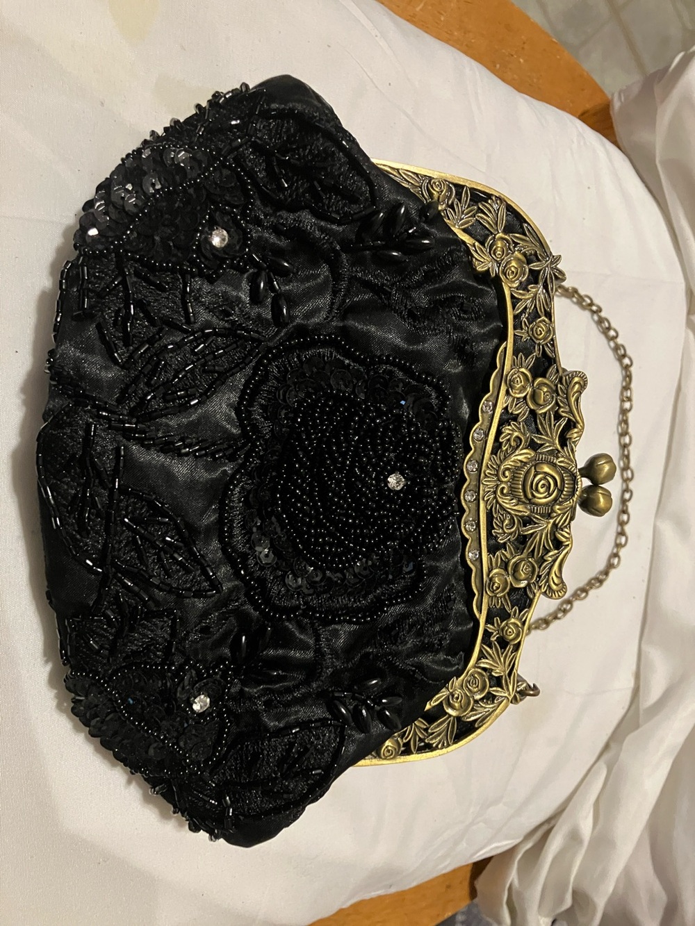 Vintage , fabulous gothic - renaissance black satin n beaded evening bag with